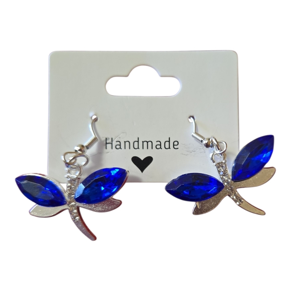 Handmade Blue Dragonfly Earrings Fish Hook Backs A011 - Picture 2 of 2
